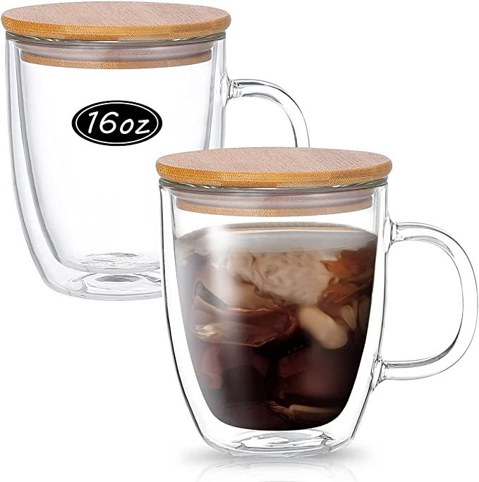 Wwyybfk Double Wall Glass Coffee Mugs, 16oz Insulated Glass Espresso Mugs Cups with Handle Lid (S... | Amazon (US)