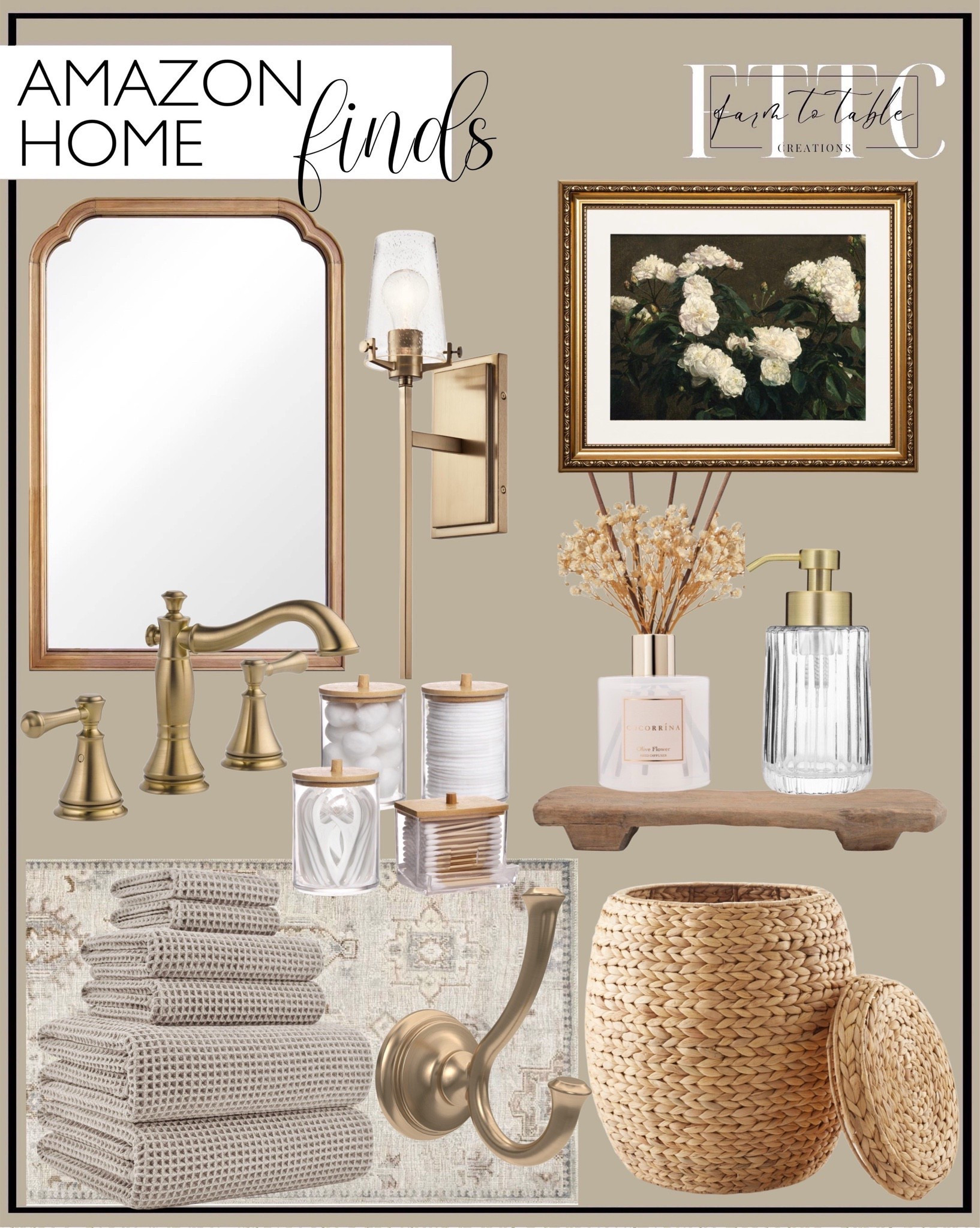 Amazon Home Finds. Follow @farmtotablecreations on Instagram for more inspiration.

POLYTE Oversize, 60 x 30 in., Quick Dry Lint Free Microfiber Bath Towel Set, 6 Piece (Beige, Waffle Weave). COCORRÍNA Reed Diffuser. nuLOOM Krystin Distressed Machine Washable Area Rug. Tbestmax 4 Pack Qtip Holder Bathroom Container.  WallBeyond Wood Bathroom Mirror. Kichler, Alton 22.25 inch 1 Light Wall Sconce with Clear Seeded Glass in Champagne Bronze. Decorative Found Wood Board. Rail19 Flora Fluted Foaming Soap Dispenser | Vintage-Inspired Modern Glass Refillable Pump Bottle for Bathroom Vanity. ARPEOTCY Vintage Still Life Gold Framed Wall Art, White Roses Retro Paintings. DELTA 79735-CZ Cassidy Towel Hook.  Bathroom Finds. Neutral Bathroom Decor. Neutral Decor. Amazon Decor. Amazon Home Finds. Amazon Decor. Affordable Home Decor. Casafield Round Storage Basket with Lid. 


#LTKSaleAlert #LTKHome #LTKFindsUnder50
