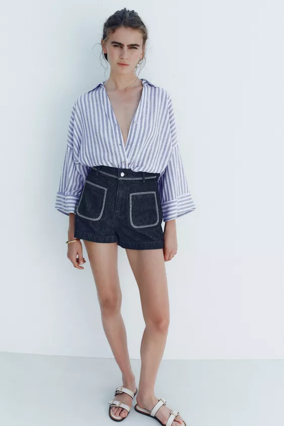 Z1975 HIGH-WAIST DENIM SHORTS WITH TOPSTITCHING | Zara UK