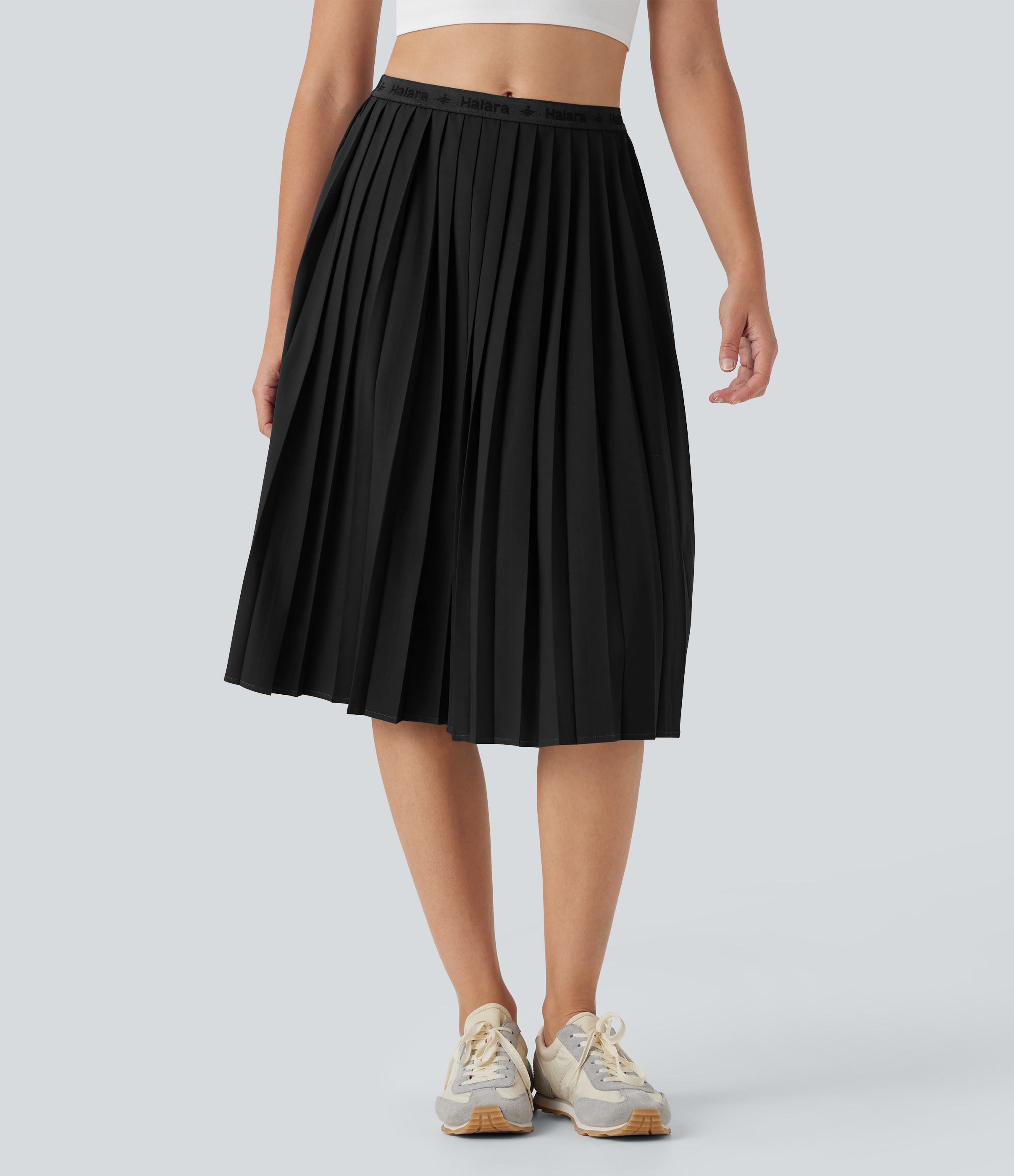 Halara High Waisted Pleated Quick Dry Midi Casual Skirt with Pockets - Black - XL(regular) | HALARA