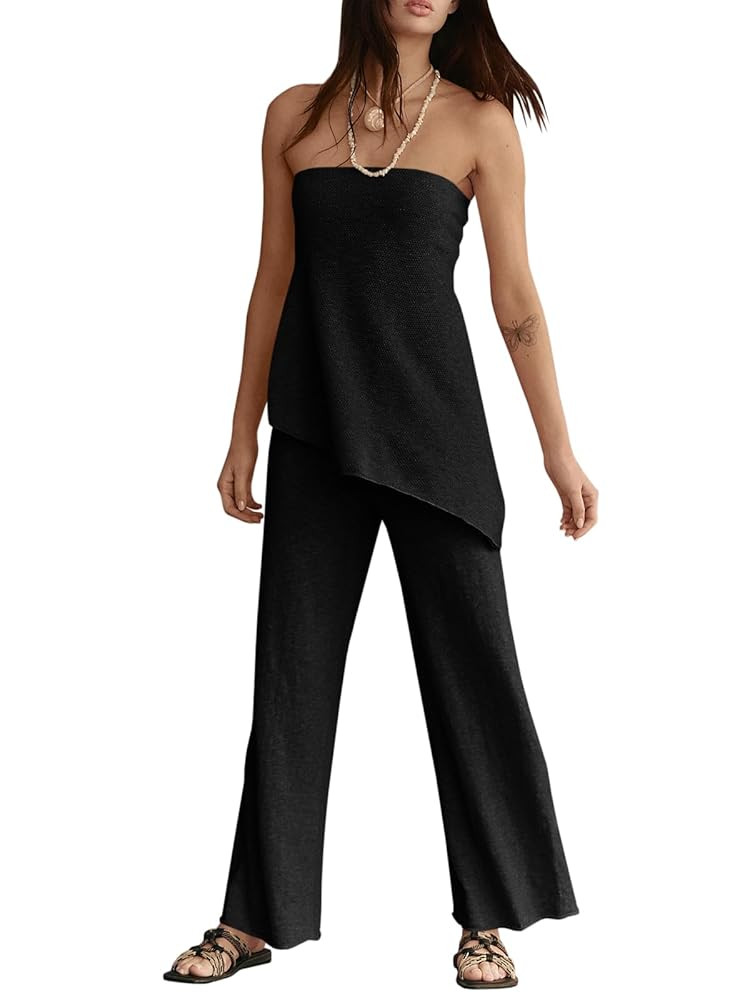 Tankaneo Womens 2 Piece Outfits Asymmetrical Tube Top Wide Leg Pants Knit Vacation Travel 2025 Ma... | Amazon (US)