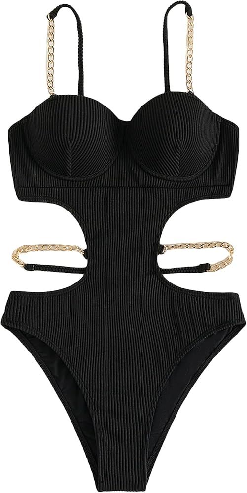 MakeMeChic Women's Chain Push Up Cut Out One Piece Swimsuit Ribbed Monokini Bathing Suit | Amazon (US)