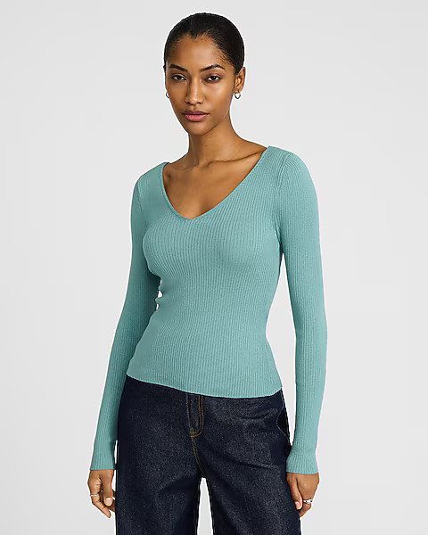 Silky Soft Fitted Ribbed Double V-Neck Sweater | Express