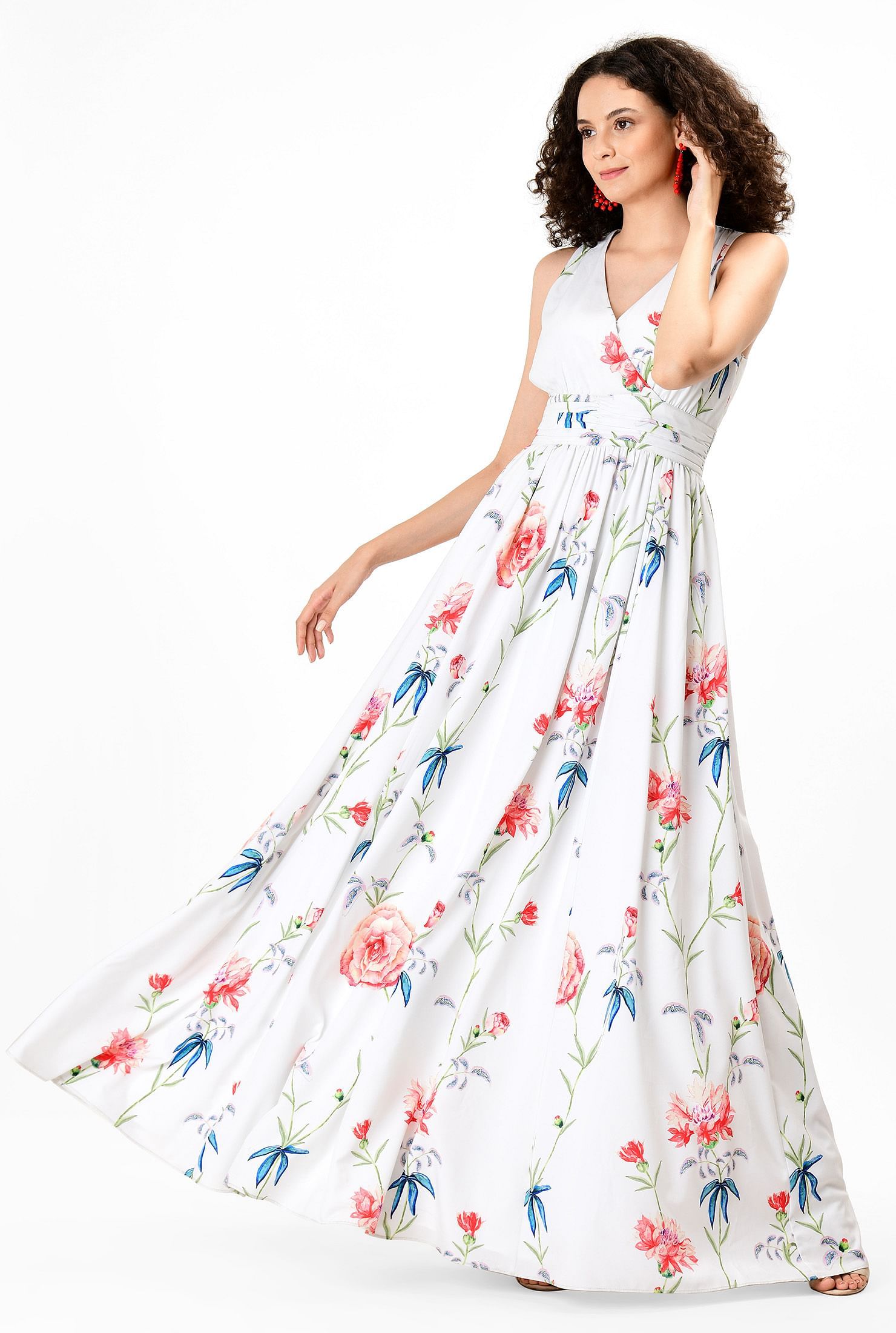 Floral print pleat waist crepe maxi dress | eShakti