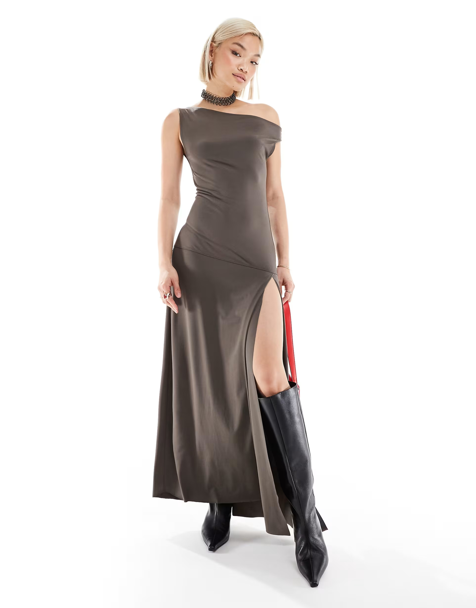 Weekday Lo maxi dress with drape off shoulder and low waist in grey | ASOS (Global)
