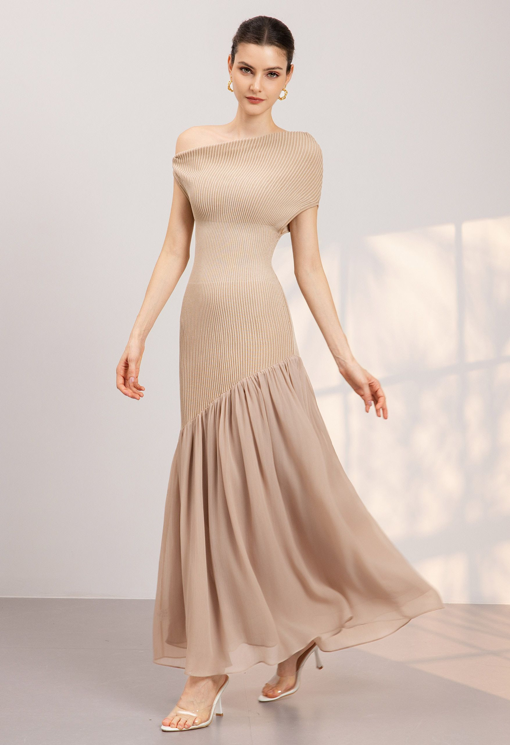 Slant Shoulder Rib Knit Chiffon Panel Maxi Dress in Sand for City Date & Afternoon Tea | Chicwish