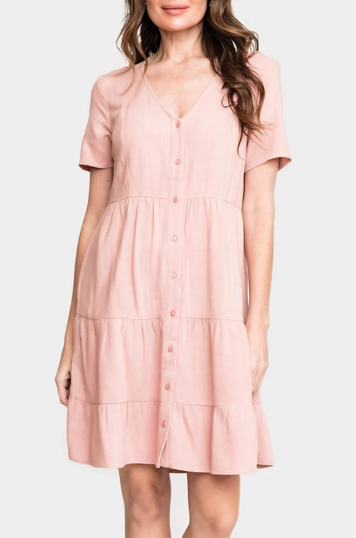 Short Sleeve Button Front Tiered Linen Dress | Gibsonlook