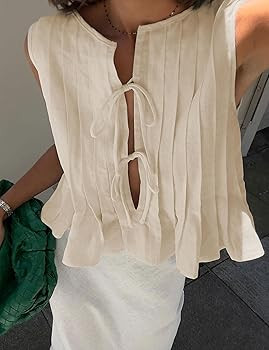 Zontroldy Women's Linen Tie Front Shirts Sleeveless Y2K Babydoll Ruffle Tank Top Aesthetic Clothe... | Amazon (US)