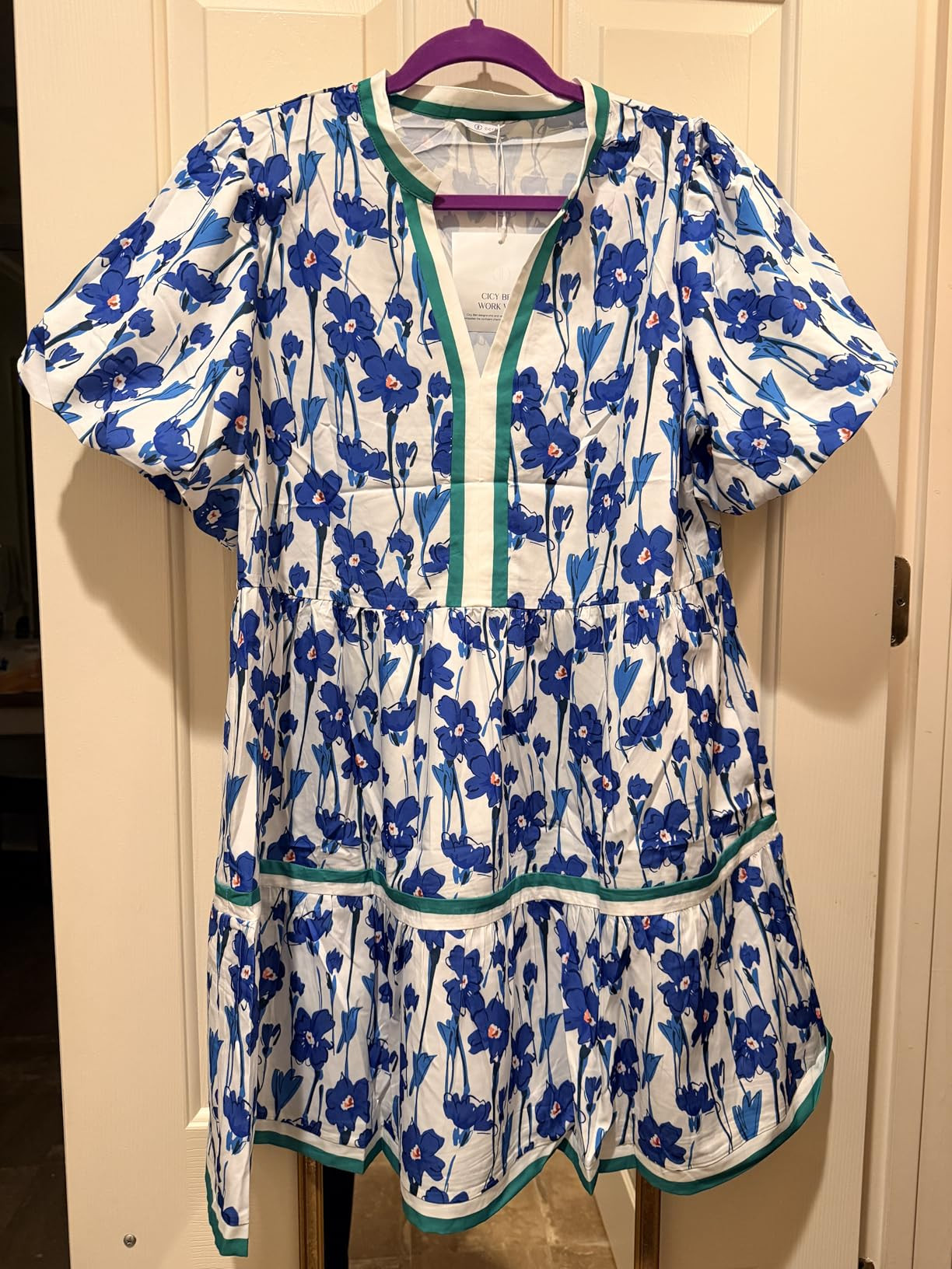 Cicy Bell Womens V Neck Floral Mini Dress Short Puff Sleeve Patchwork Summer Casual Boho Dresses | Amazon (US)