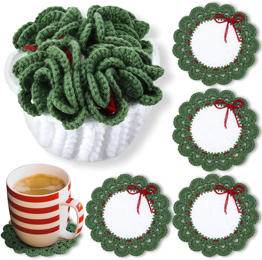 5 Pcs Christmas Crochet Coaster Gifts Set Wreath Coaster with White Pot Storage Basket Xmas Handm... | Amazon (US)