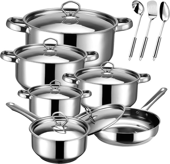 Cookware Set - 15 Piece Stainless Steel Cookware Set, Includes 6 Pots and Pans, 6 Lids and 3 Uten... | Amazon (US)