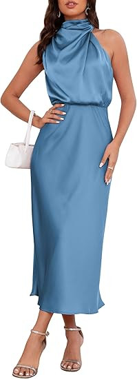 Women's 2026 Summer Satin Dress Elegant Formal Sleeveless Mock Neck Wedding Guest Cocktail Party ... | Amazon (US)