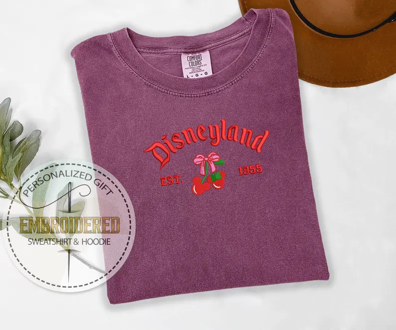 Disneyland EST 1955 Shirt, Embroidered Cherry Bow Tee, Coquette Aesthetic Embroidery T-shirt, Vin... | Etsy (US)