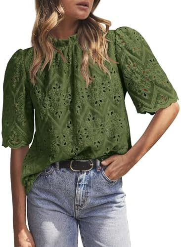 PRETTYGARDEN Summer Tops for Women 2026 Short Sleeve Embroidered Eyelet Shirts Dressy Casual Blou... | Amazon (US)