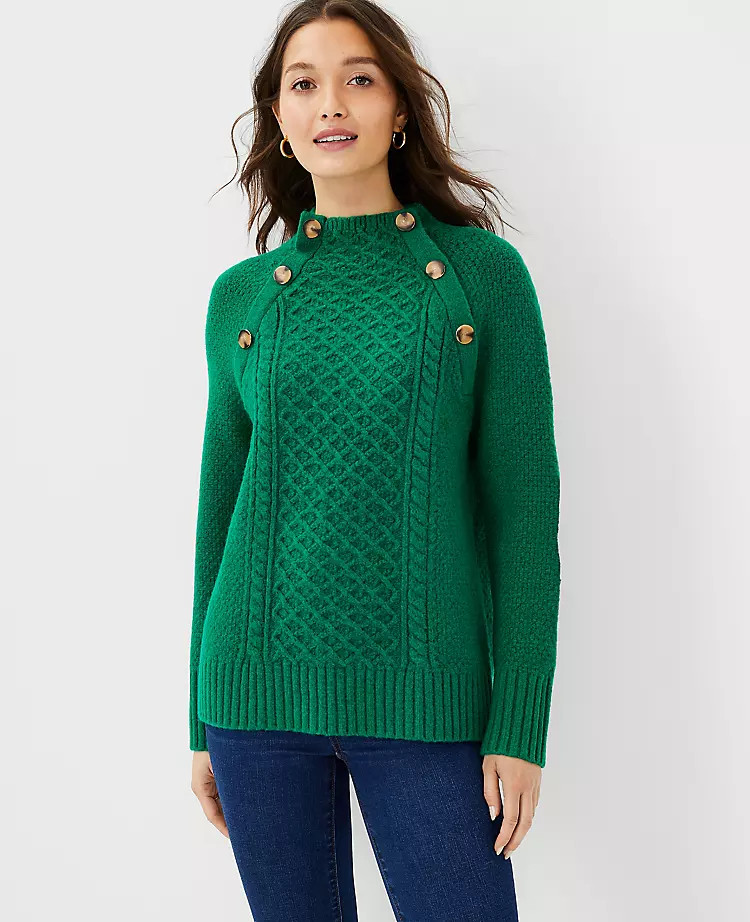 Petite Raglan Button Mock Neck Sweater | Ann Taylor | Ann Taylor (US)