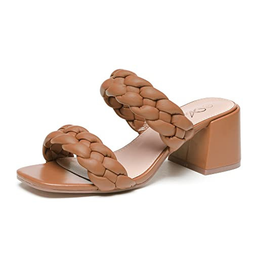 Athlefit Women's Braided Heel Sandals Square Open Toe Woven Chunky Block Low Heeled Tan Size 5.5 | Amazon (US)