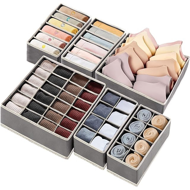 6 Pack Sock Underwear Drawer Organizer Dividers, 58 Cell Foldable Fabric Dresser Closet Organizer... | Amazon (US)