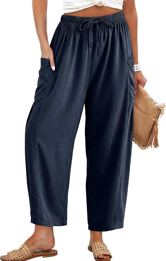 Angerella Womens Cotton Linen Pants Casual Loose Flowy Wide Leg Palazzo Harem Pants Drawstring El... | Amazon (US)