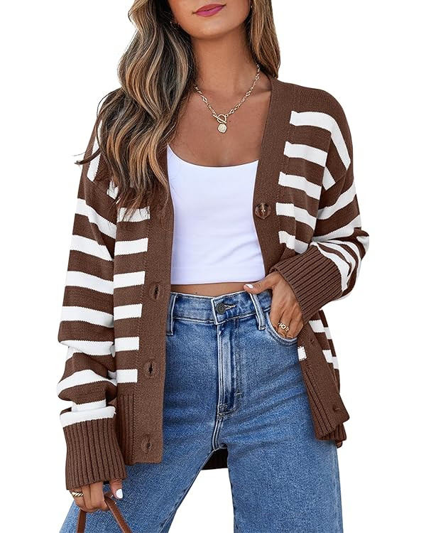 EVALESS Womens Striped Cardigan Sweaters Long Sleeve V Neck Lightweight Open Front Button Down Kn... | Amazon (US)