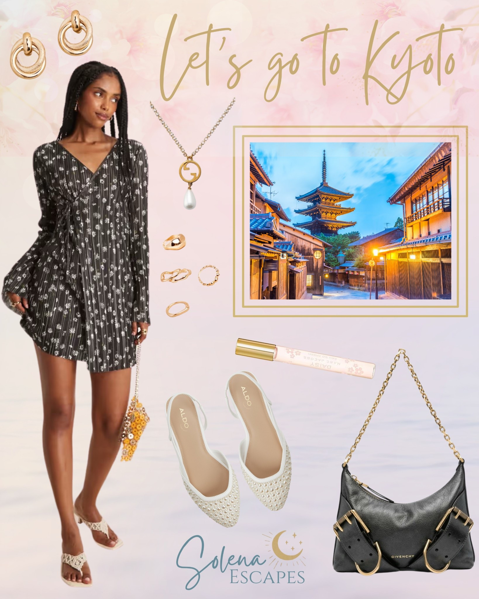 Golden hour in Kyoto and an outfit  with a little edge. This black floral wrap dress is effortlessly romantic but still sleek enough for exploring a night market or heading to dinner. I paired it with gold and pearl details and the perfect structured bag to keep it grounded.

#KyotoNights 
#FloralWrapDress 
#SolenaEscapes 
#LTKeveningstyle 
#JapandiElegance 
#ChicInBlack 
#WrapDressEdit 
#LTKstylingtips 
#GoldenHourVibes #NightMarketLook

#LTKSeasonal #LTKFindsUnder100 #LTKTravel