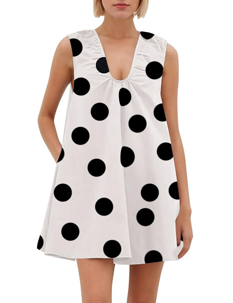 Meladyan Women's Polka Dot Babydoll Mini Dress Scoop Neck Sleeveless Summer Tank Dresses with Poc... | Amazon (US)