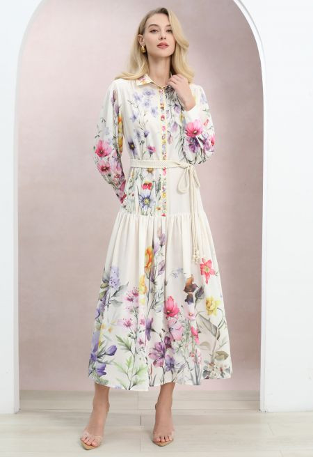 Whispering Floral Puff Sleeve Belt Buttoned Maxi Dress for Vacation & Seaside Strolls | Chicwish