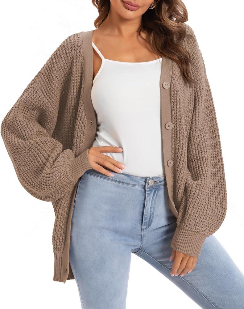 QUALFORT Cardigan Sweaters for Women 100% Cotton Button-Down Oversized Knit Outerwear Fall Tops f... | Amazon (US)