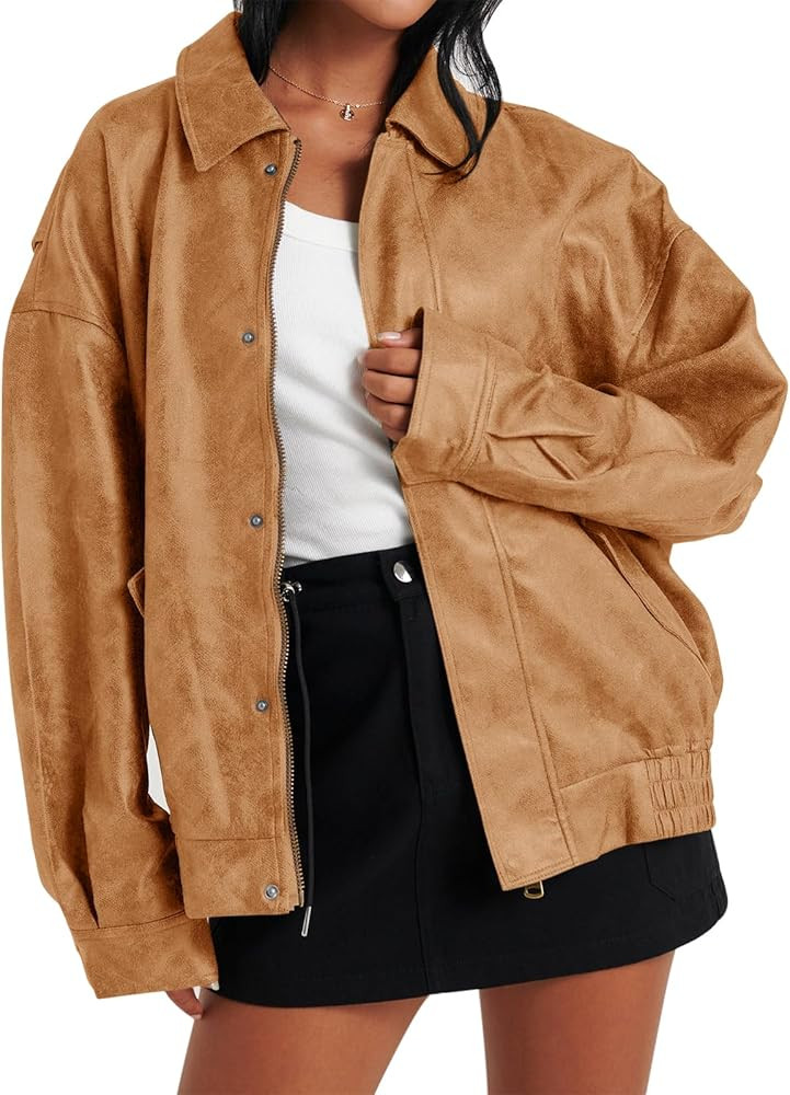 Tankaneo Womens Oversized Leather Jackets Fashion Zip up Collared Bomber Motorcycle Coat 2024 Fal... | Amazon (US)