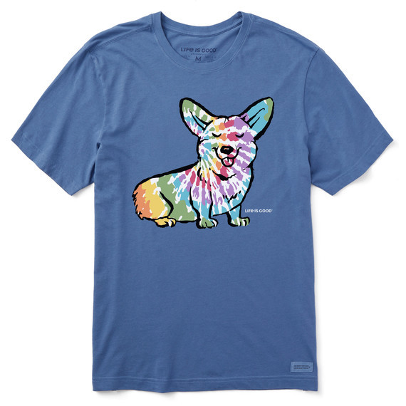 Life is Good Men's Tie Dye Dog Corgi Short Sleeve Crusher T-Shirt in Vintage Blue Size XL | 100% Cotton | Life is Good