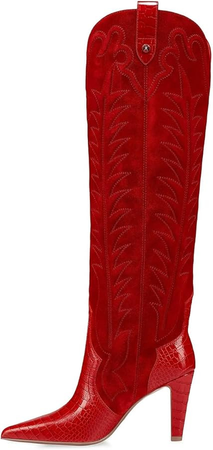 FSJ Women Pointed Toe Cowboy Boots Embroidered Chunky High Heel Knee High Boots Western Pull On F... | Amazon (US)