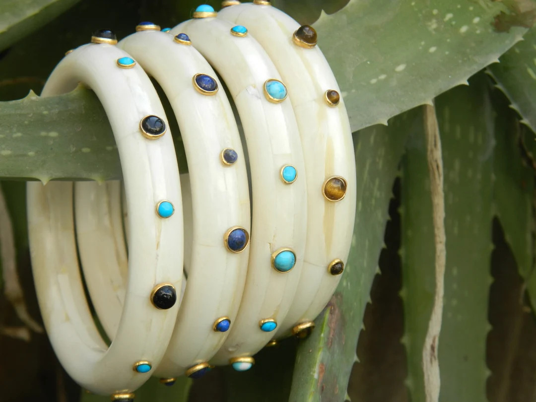 Handcrafted Bone Bangle Bracelet With Accent Gemstones - Etsy | Etsy (Global)