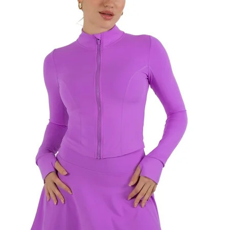 YITTY Active Women's UltraLuxe Cropped Full Zip Jacket, Athleisure, 4-Way-Stretch, Thumbholes, Neon Violet, XL | Walmart (US)