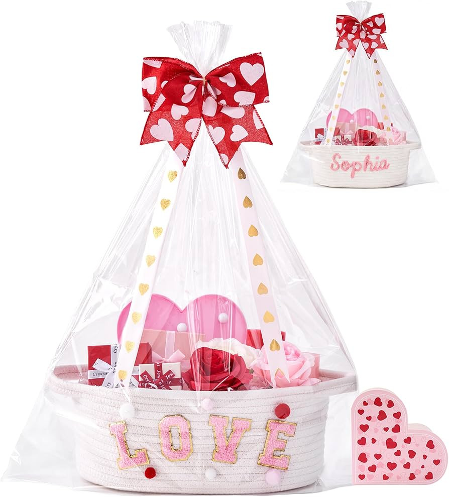 Valentines Day Basket, Valentines Gift Baskets Empty, Woven Rope White Basket with Handle, Ribbon... | Amazon (US)