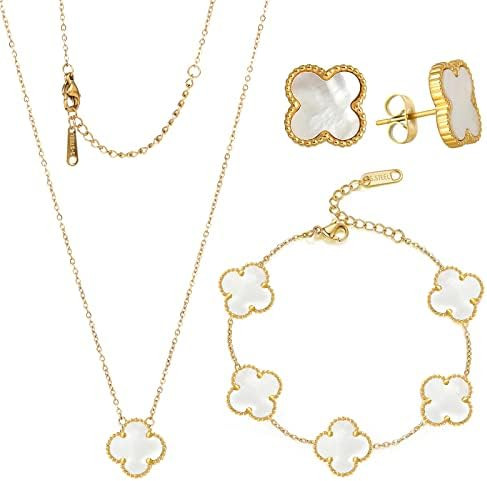 POLYREAL Lucky Clover Sets Bracelet Earring Necklace Pendant for Women 18K Gold Plated Cute Simpl... | Amazon (US)