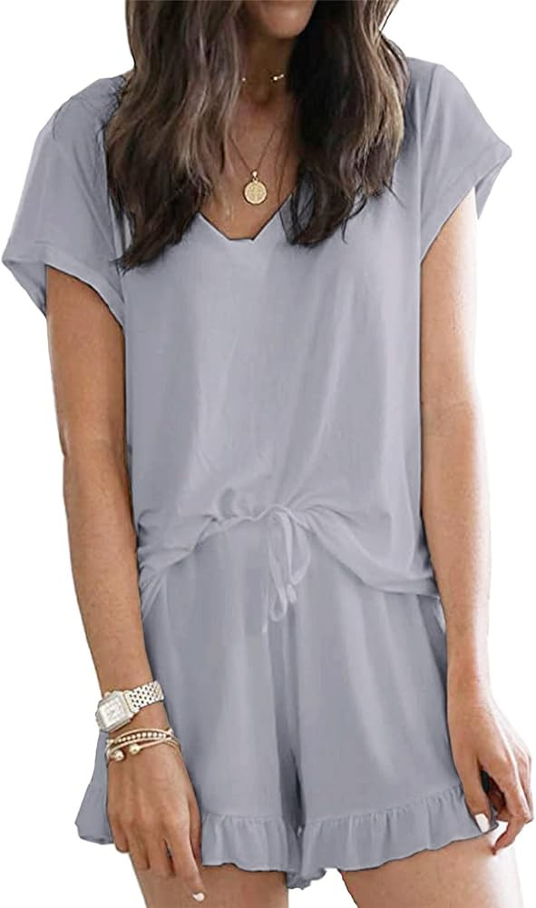 LuckyMore Women's Pajama Short Sleeve Sleepwear Soft Pj Set V Neck Top and Shorts Pajamas Set | Amazon (US)
