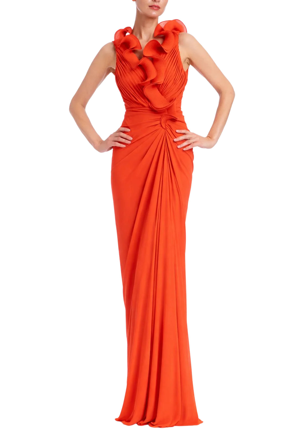 Pleated Ruffle V-Neck Column Gown by Badgley Mischka | Badgley Mischka