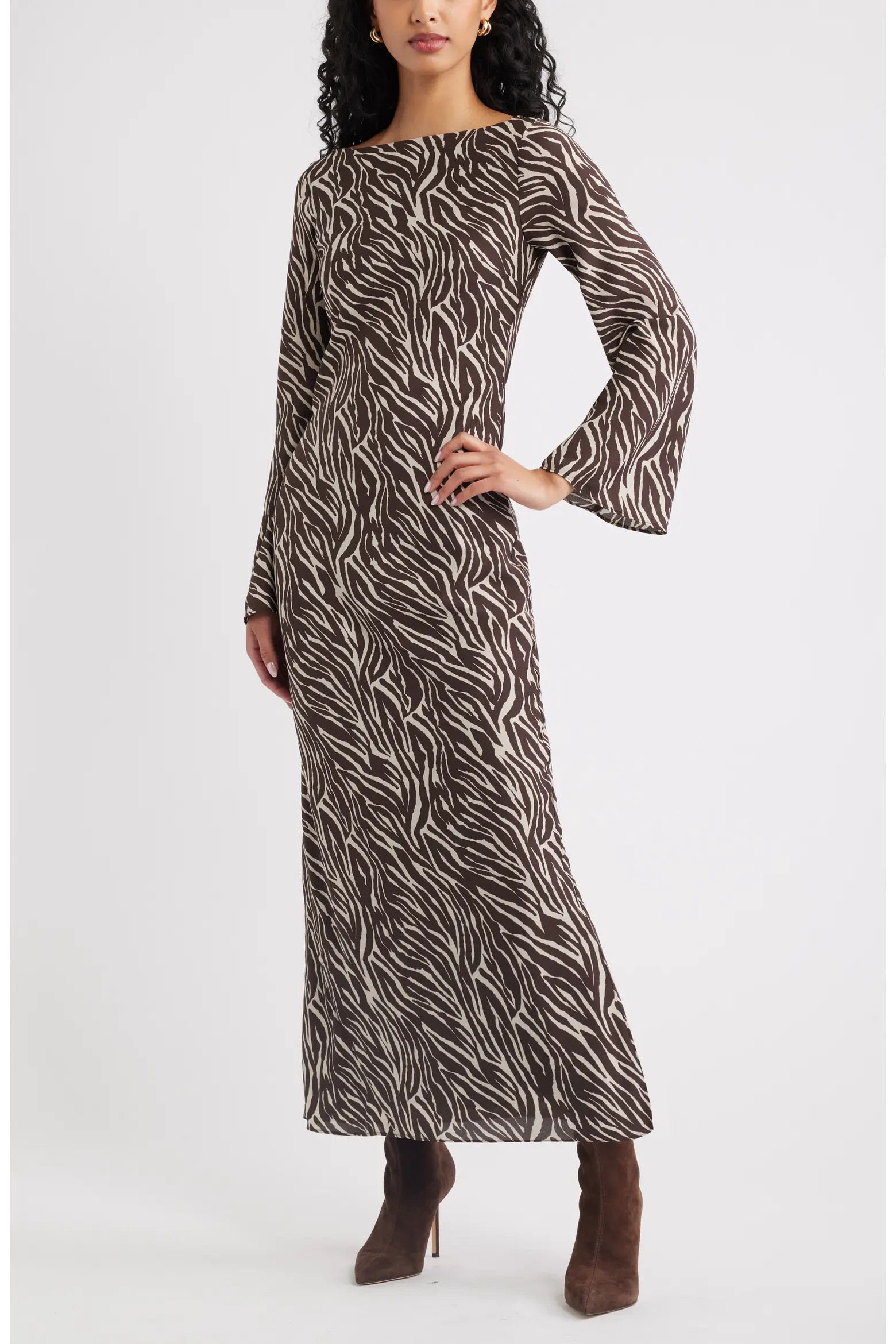 Print Long Sleeve Drape Back Dress (Women) | Nordstrom | Nordstrom