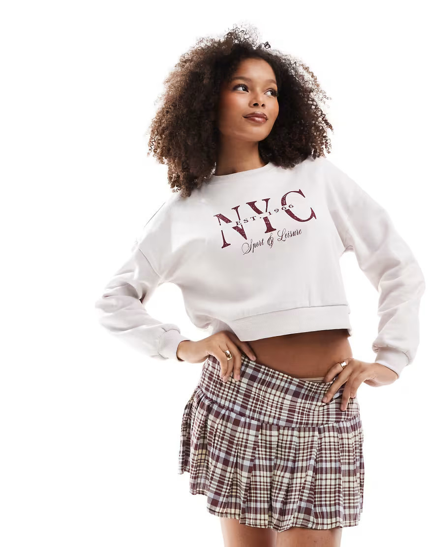 Miss Selfridge NYC graphic cropped sweatshirt in ecru-White | ASOS (Global)