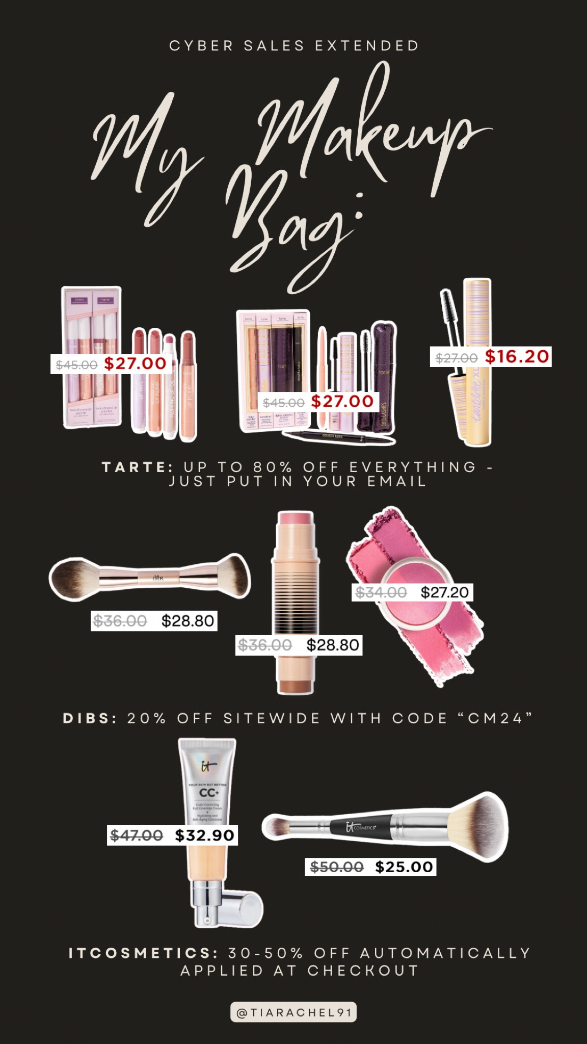 I linked which makeup brands I use that extended their cyber sales here! 

TARTE - up to 80% off sitewide if you enter your email 
DIBS - 20% off sitewide with code “CM24” 
ITCOSMETICS - 30-50% off everything automatically applied at checkout 

#LTKBeauty #LTKSaleAlert #LTKGiftGuide