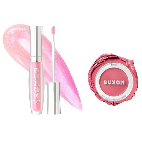 Buxom Plump Shot Collagen-Infused Lip Serum in Spellbound Pink Multichrome + Plump Shot Collagen Peptides Plumping Cream Blush, Cream-to-Powder Blush in shade Tickled Pink | Amazon (US)