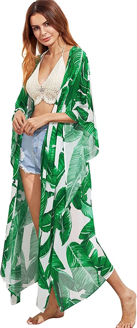 SweatyRocks Women's Flowy Kimono Cardigan Open Front Maxi Dress Green X-Small | Amazon (US)