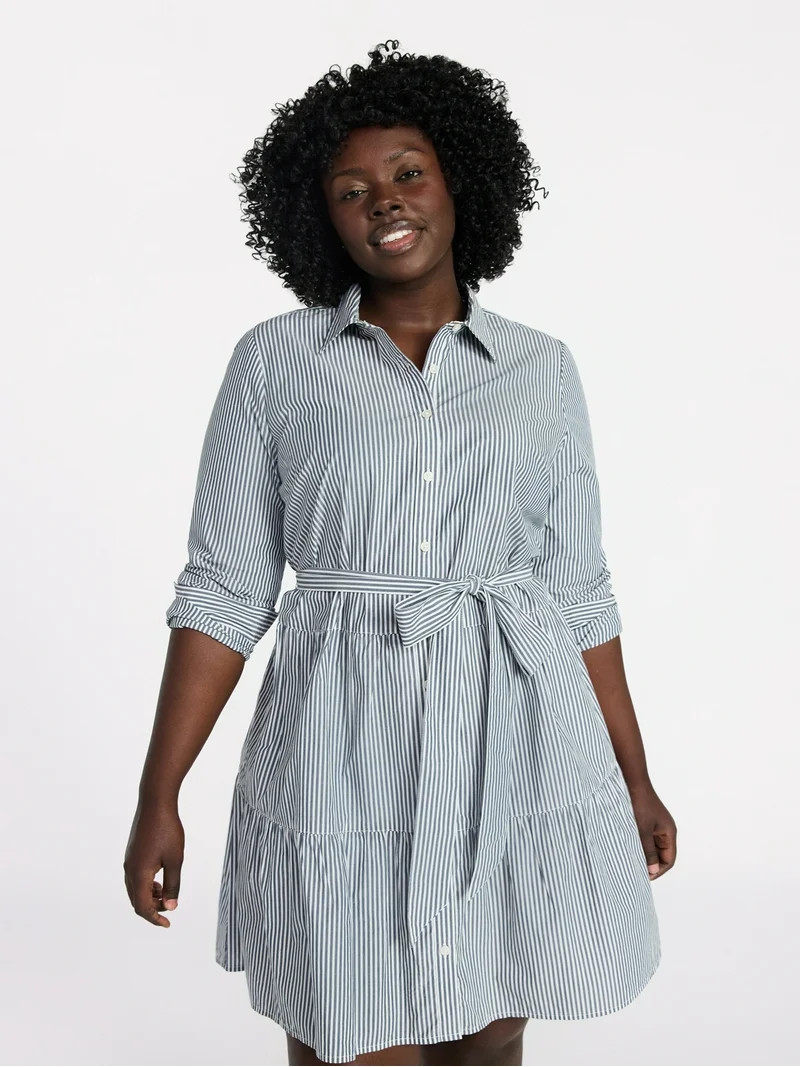 Terra & Sky Women's Plus Size Tiered Shirt Dress with Long Sleeves, Sizes 0X-5X | Walmart (US)