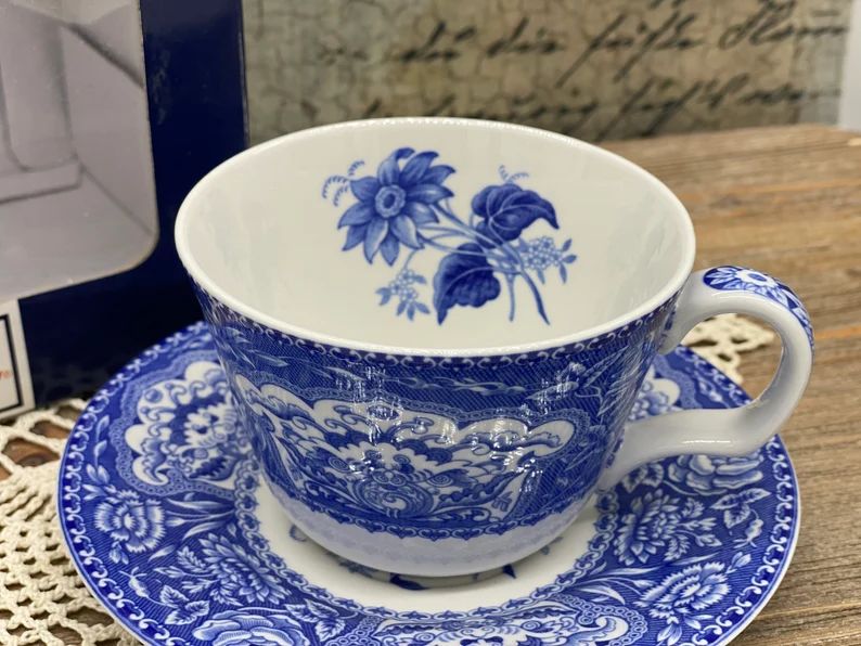 Spode blue and white teacup and saucer, Blue Room Collection floral, white background with blue f... | Etsy (US)