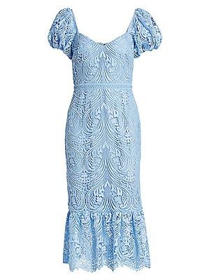 Lace Puff-Sleeve Midi Dress | Saks Fifth Avenue