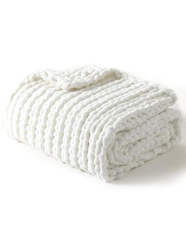 YnM Chunky Throw Blanket, Medium-Weight, Hand Knitted with Chenielle Yarn, Skin Friendly, Ventilated and Breathable, Machine Washable, Home Décor Piece for Couch, Sofa and Bed (White, 80x87 Inch) | Amazon (US)