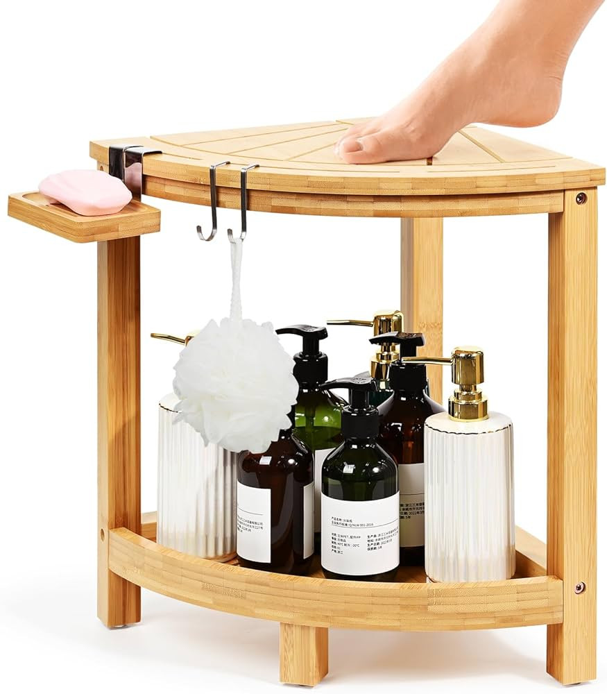 Ollieroo 2-Tier Bamboo Corner Shower Stool for Shaving Legs, Waterproof Shower Bench with Storage... | Amazon (US)