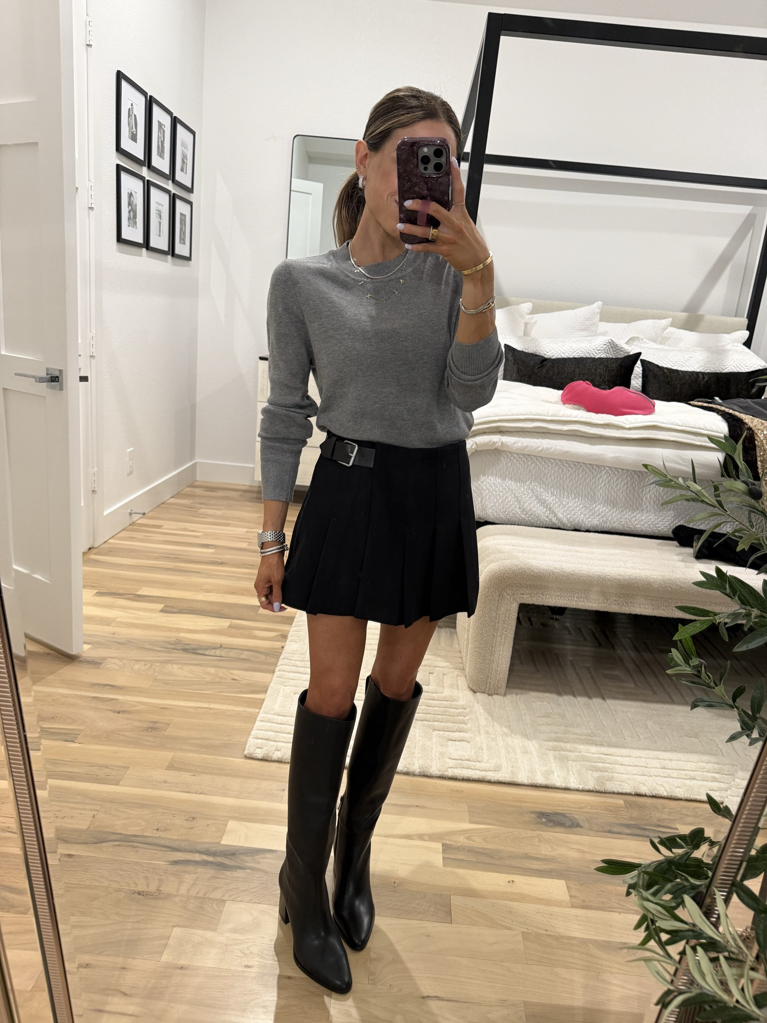 Grey Amazon sweater that’s amazing quality wearing smallest size with black pleated skirt size xxs. 
Winter date night outfit 

#LTKFindsUnder100 #LTKFindsUnder50 #LTKPetite