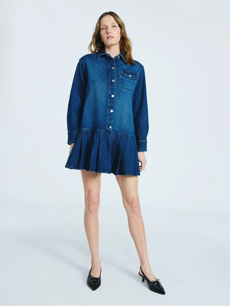 Scoop Women's and Women’s Plus Denim Pleated Mini Shirt Dress, Sizes XS-4X | Walmart (US)