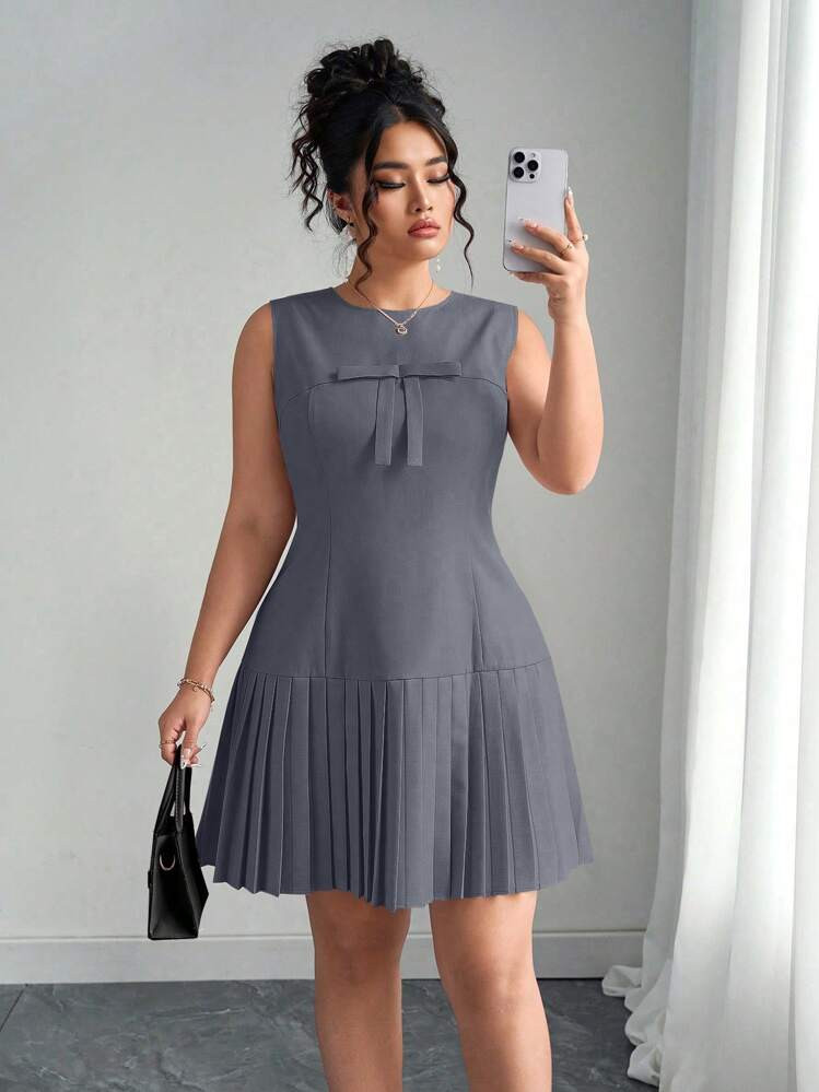 Elenzga Plus Size Crew Neck Elegant Princess Seam Pleated Linen-Like Sleeveless Waist Tie Midi Dr... | SHEIN