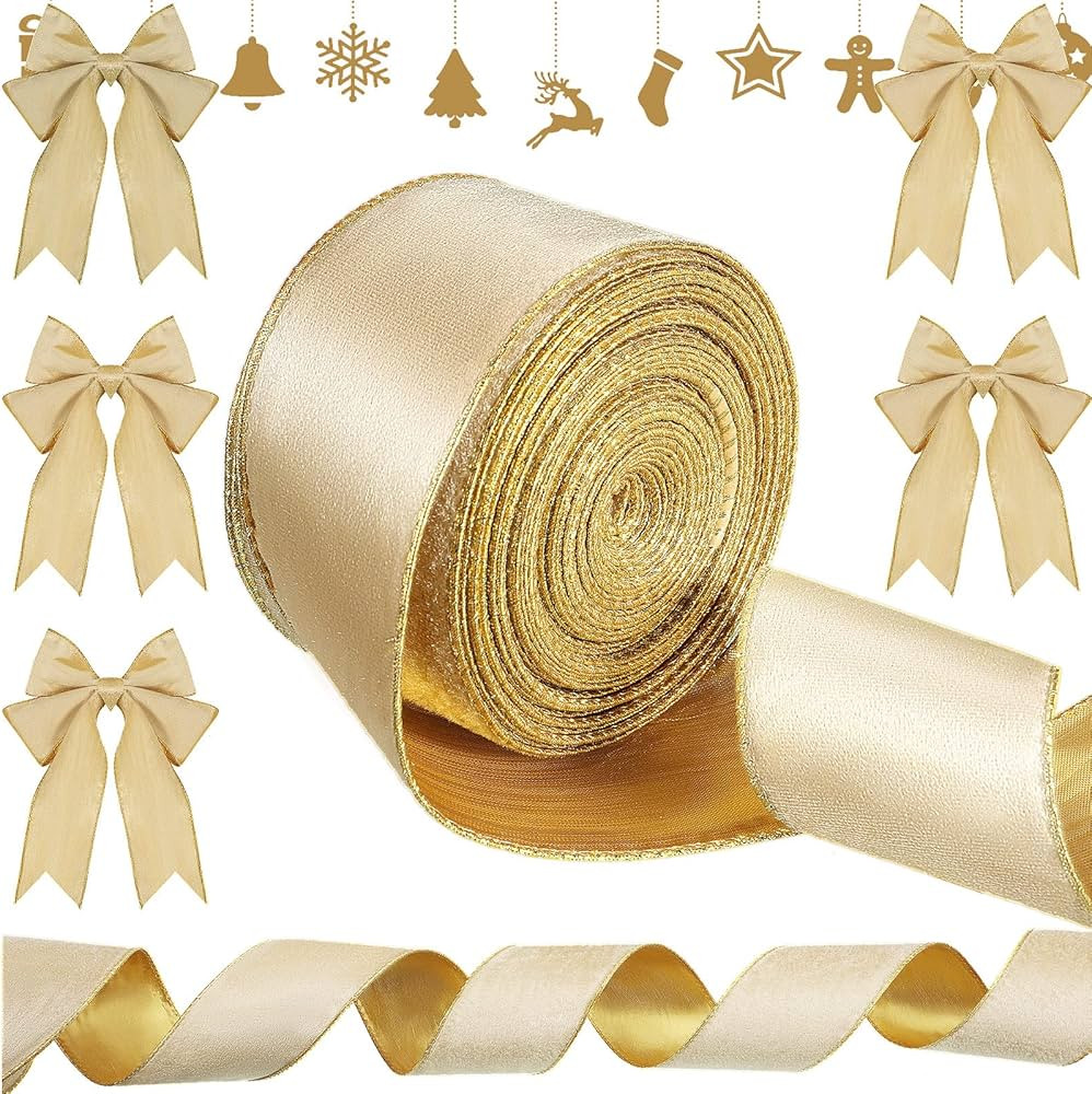 Christmas Wired Velvet Ribbon with Gold Edge Velvet Waterproof Ribbon Wrapping Velvet Decoration ... | Amazon (US)